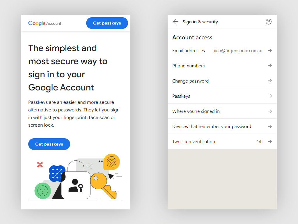 How Google (left) and LinkedIn (right) approach the implementation of passkeys.