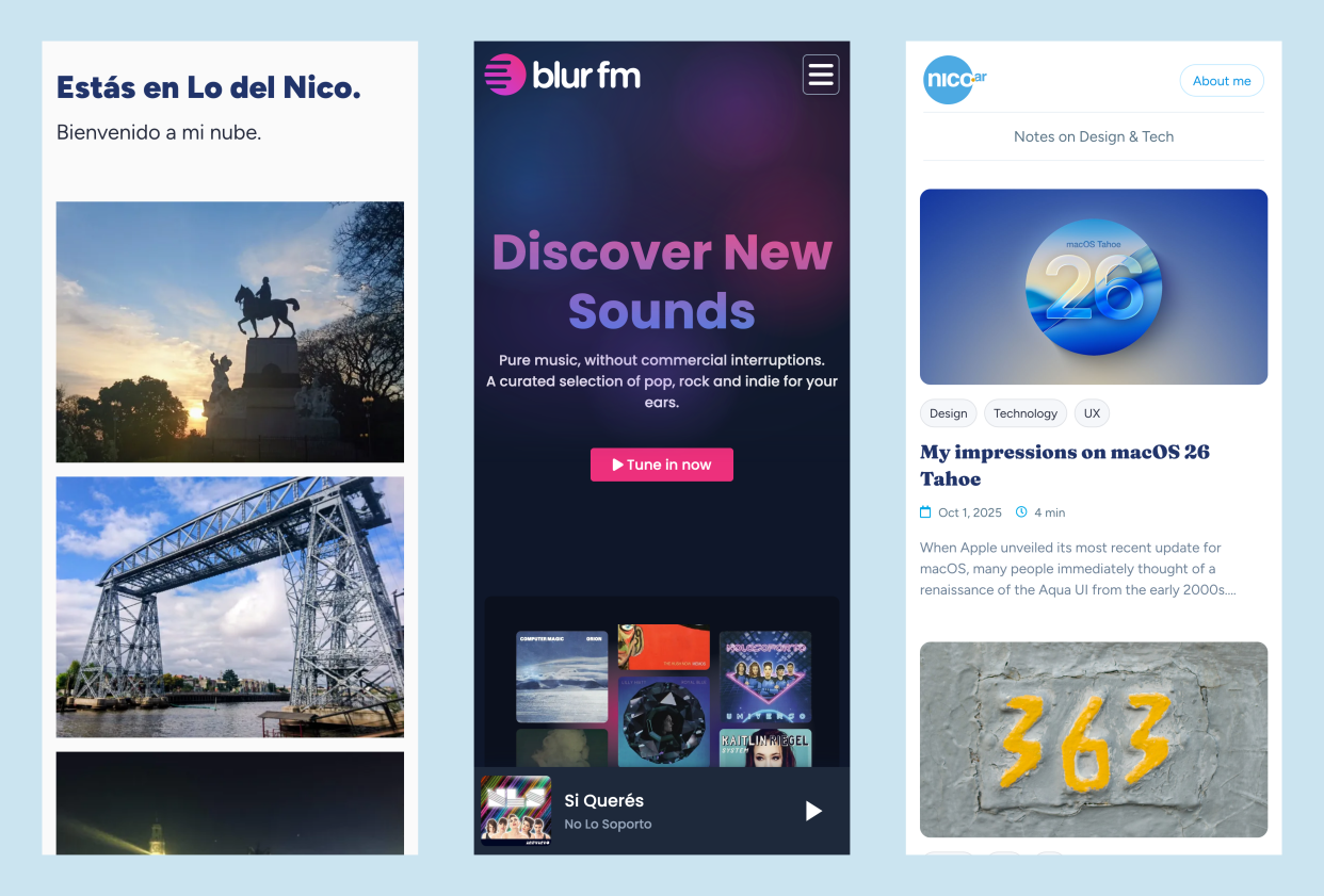 Mobile previews of three websites: Lo del Nico, Blur FM and nico.ar. All built as static sites and deployed with the same workflow.
