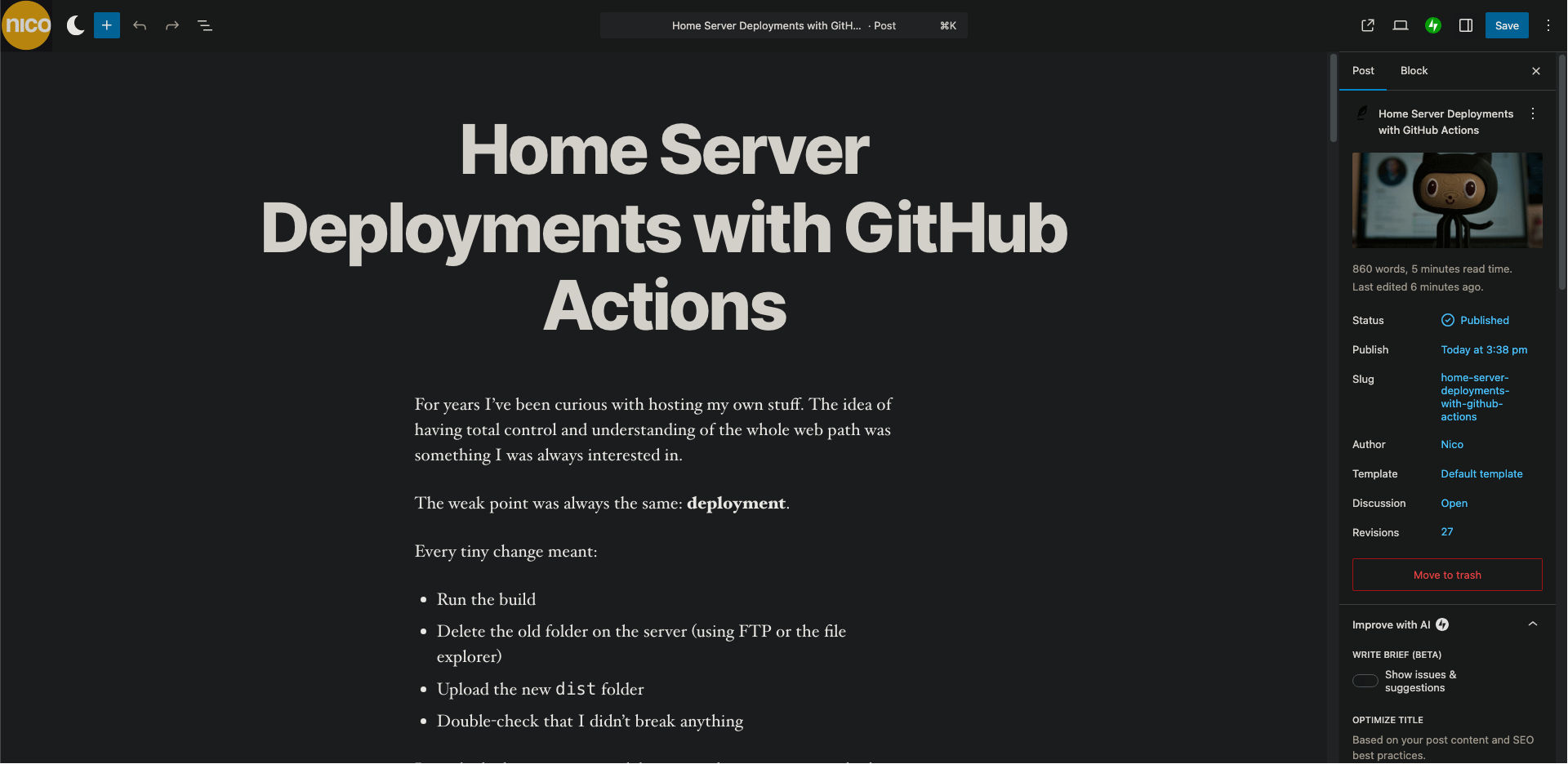 Screenshot of my WordPress editor used as a private backend for nico.ar.