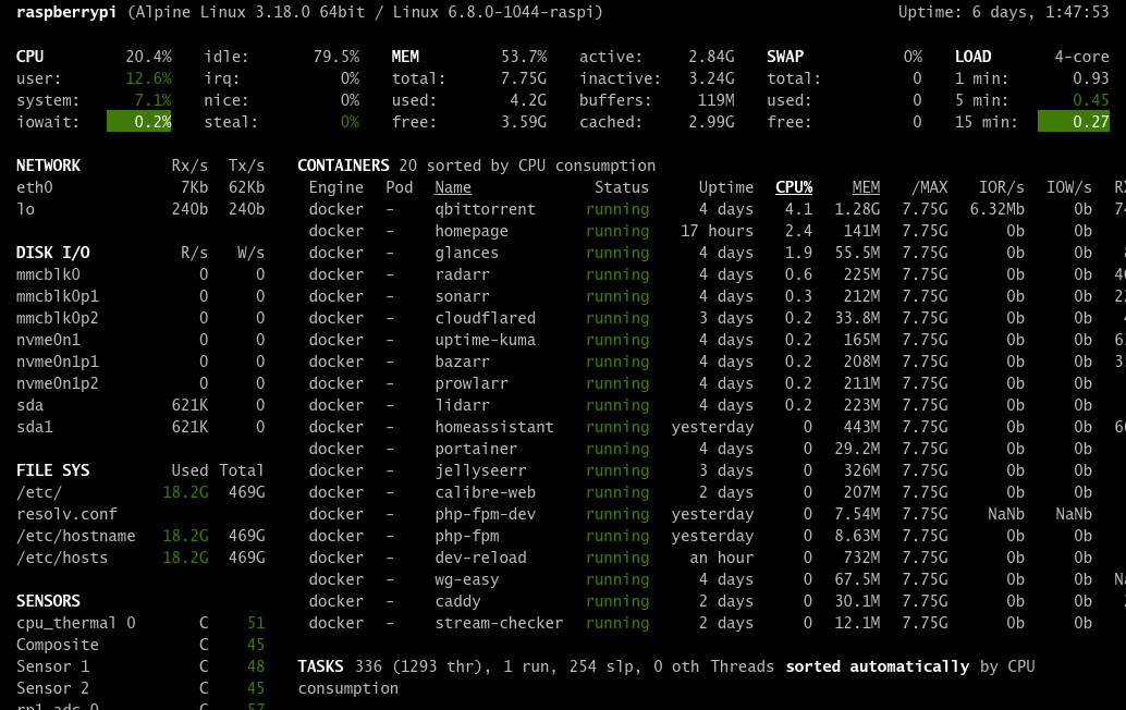 Glances terminal view showing CPU, memory, disk, temperature, and running Docker containers on my Raspberry Pi.