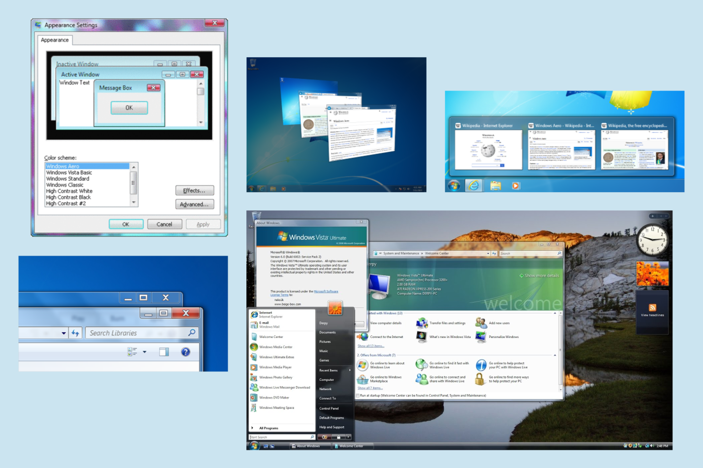 Windows Vista Aero UI showing translucent title bars, glass effects, and the Flip 3D window switcher