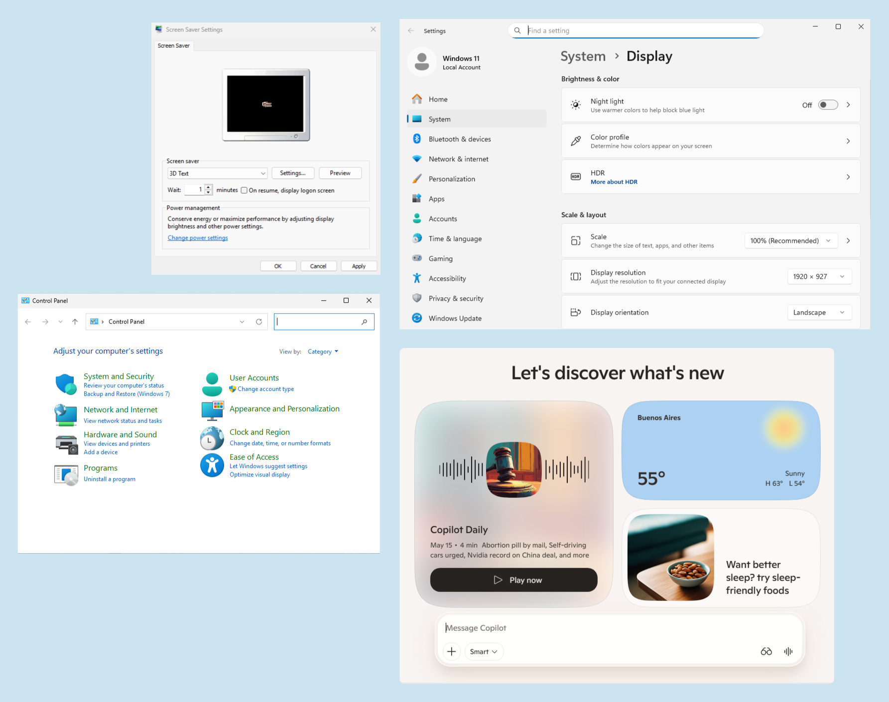 Windows 11 showing the contrast between the modern Settings app with Fluent Design and legacy dialogs like Screen Saver Settings and Control Panel
