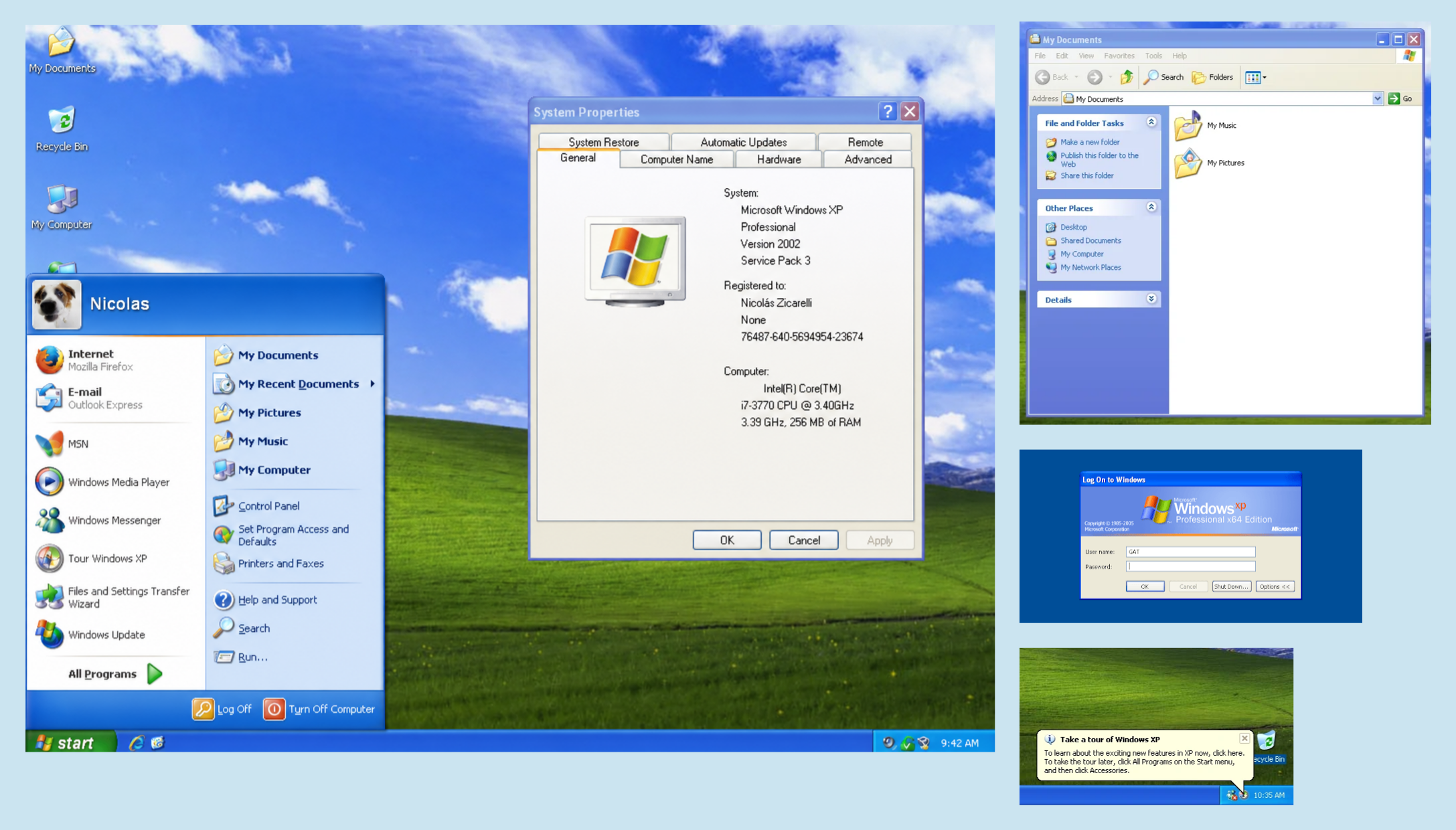 Windows XP Luna UI showing the Start menu, System Properties dialog, My Documents panel, and login screen with the iconic Bliss wallpaper