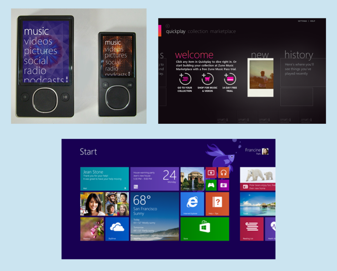 Zune HD player and Windows 8 Start screen showing the Metro design language with flat colored tiles and large typography