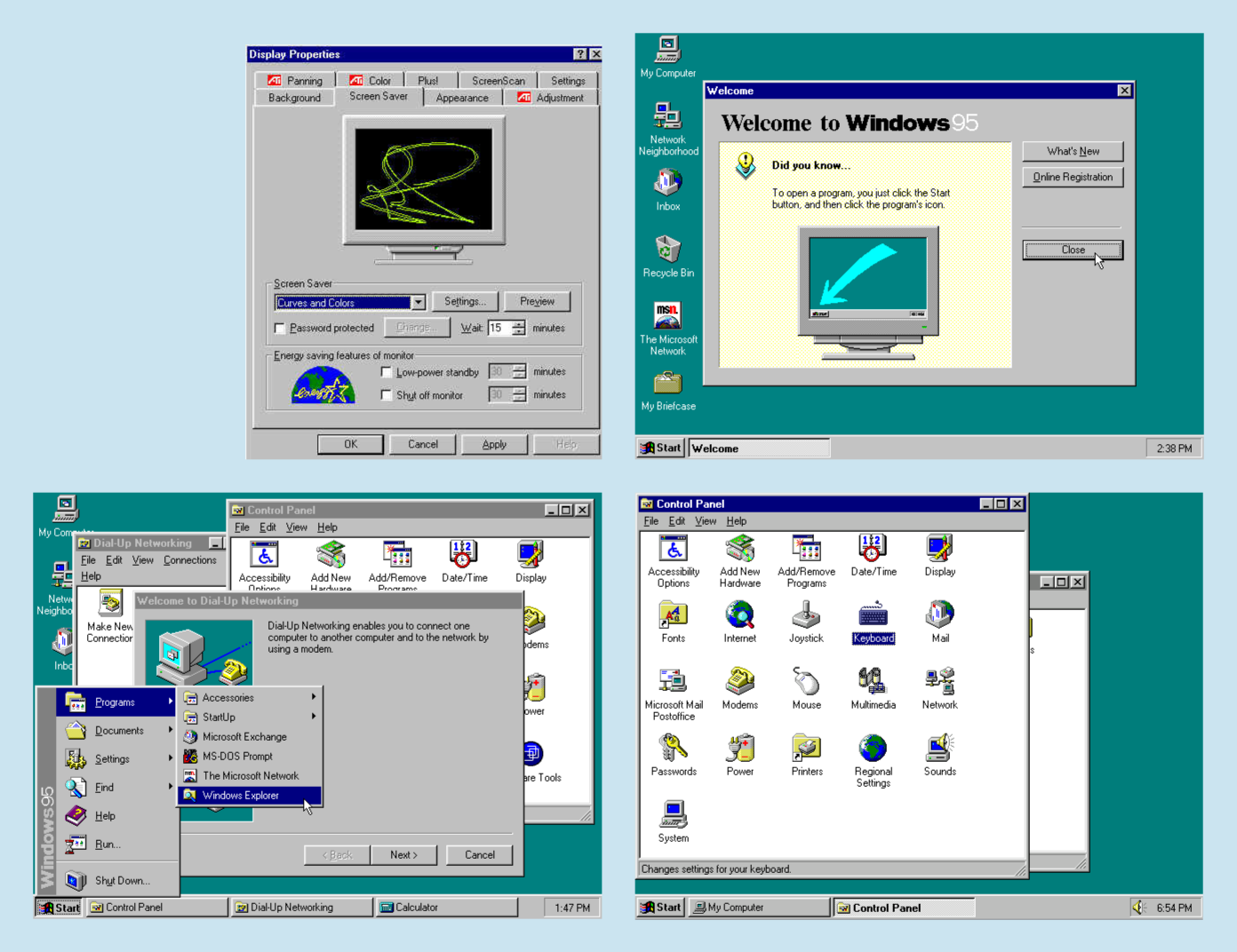 Windows 95 desktop and Control Panel screenshots showing the classic gray UI with beveled buttons and teal background